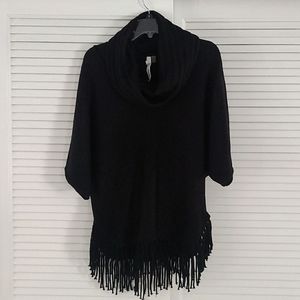 NY Collection Cowl Neck Sweater Small Fringe Hem  Dolman Sleeve   Black